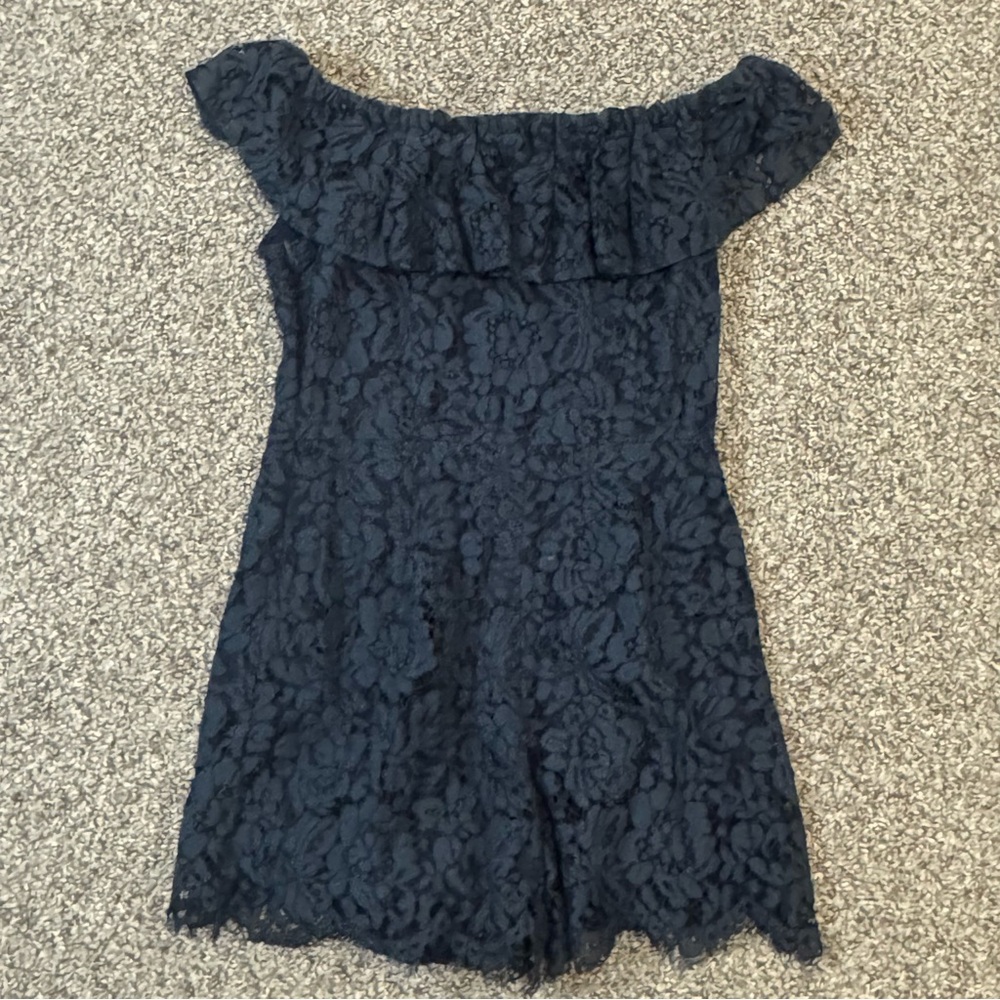 Altar'd State Navy Lace-Trim Off-Shoulder Romper - Picture 7 of 7